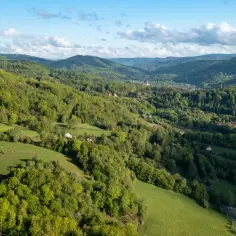 Zielone, pofałdowane wzgórza, porośnięte lasami i polanami, tworzą krajobraz przypominający góry najbliżej Warszawy.