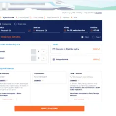 Formularz wyszukiwania połączeń PKP Intercity z polami wyboru trasy, daty, liczby pasażerów i ofert.