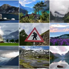 Odkryj najpiękniejsze miejsca w Norwegii: od majestatycznych fiordów i gór po urokliwe domki i pola fioletowych kwiatów.