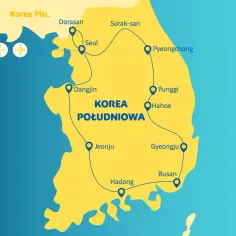 Mapa turystyczna Korei Południowej z zaznaczonymi miastami: Seul, Pyeongchang, Busan. Pokazuje trasę podróży po kraju.