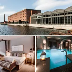Elegancki hotel w Liverpoolu: widok na nabrzeże, przytulny pokój i basen w stylu spa.