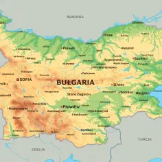 Mapa fizyczna Bułgarii z zaznaczonymi miastami i granicami. Gdzie jest Bułgaria? Między Serbią, Macedonią, Grecją, Turcją i Rumunią, nad Morzem Czarnym.