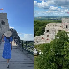 Spacer po ruinach zamków w okolicy Krakowa. Widok na kamienne mury i wieże, z polską flagą powiewającą na wietrze.