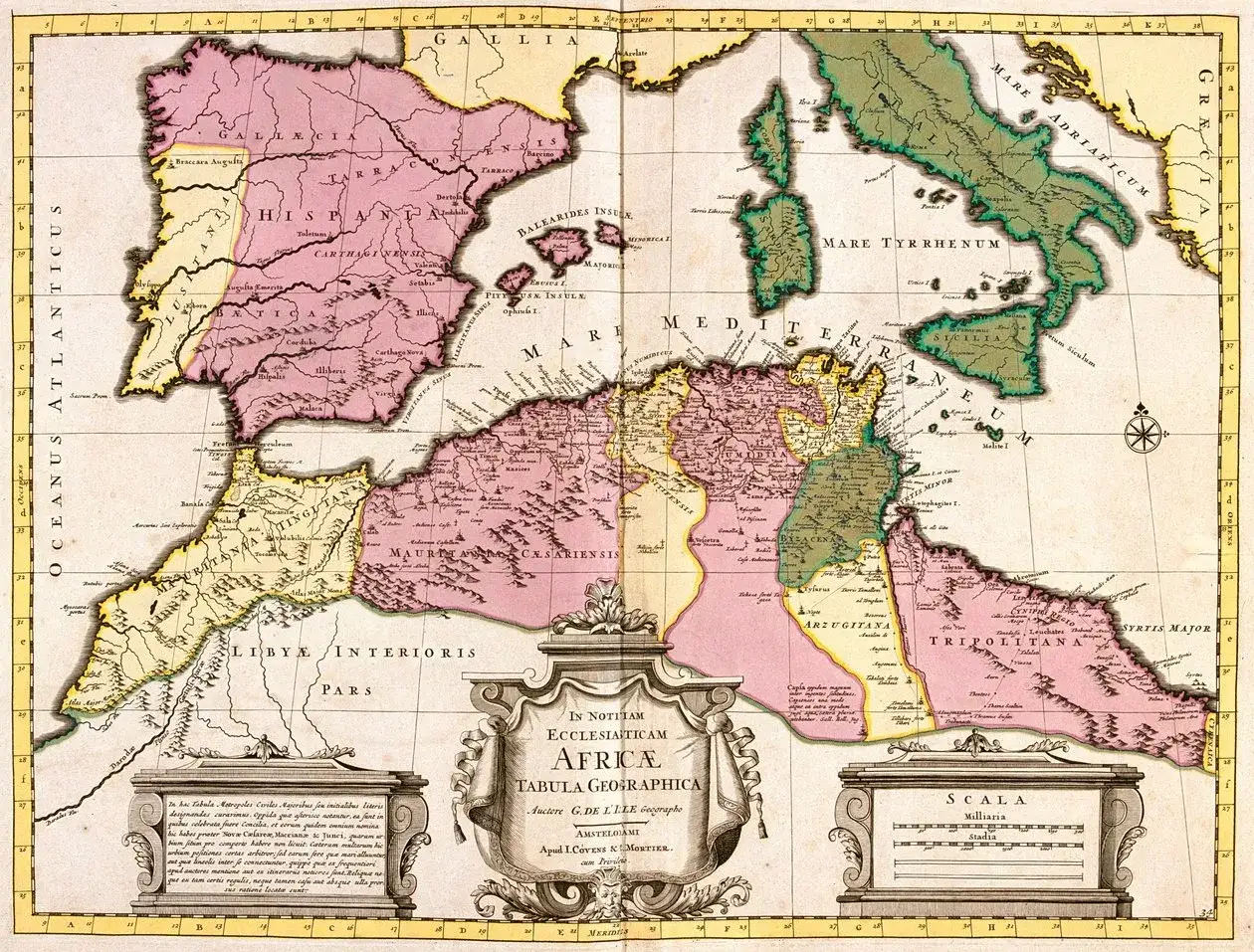 Mapa starożytnej Afryki Północnej, gdzie leży Libia, z zaznaczonymi prowincjami jak Trypolitana i Cyrenaica.