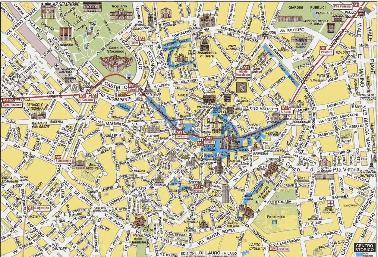 Mapa turystyczna Mediolanu, jednego z włoskich miast, z zaznaczonymi zabytkami, ulicami i metrem.