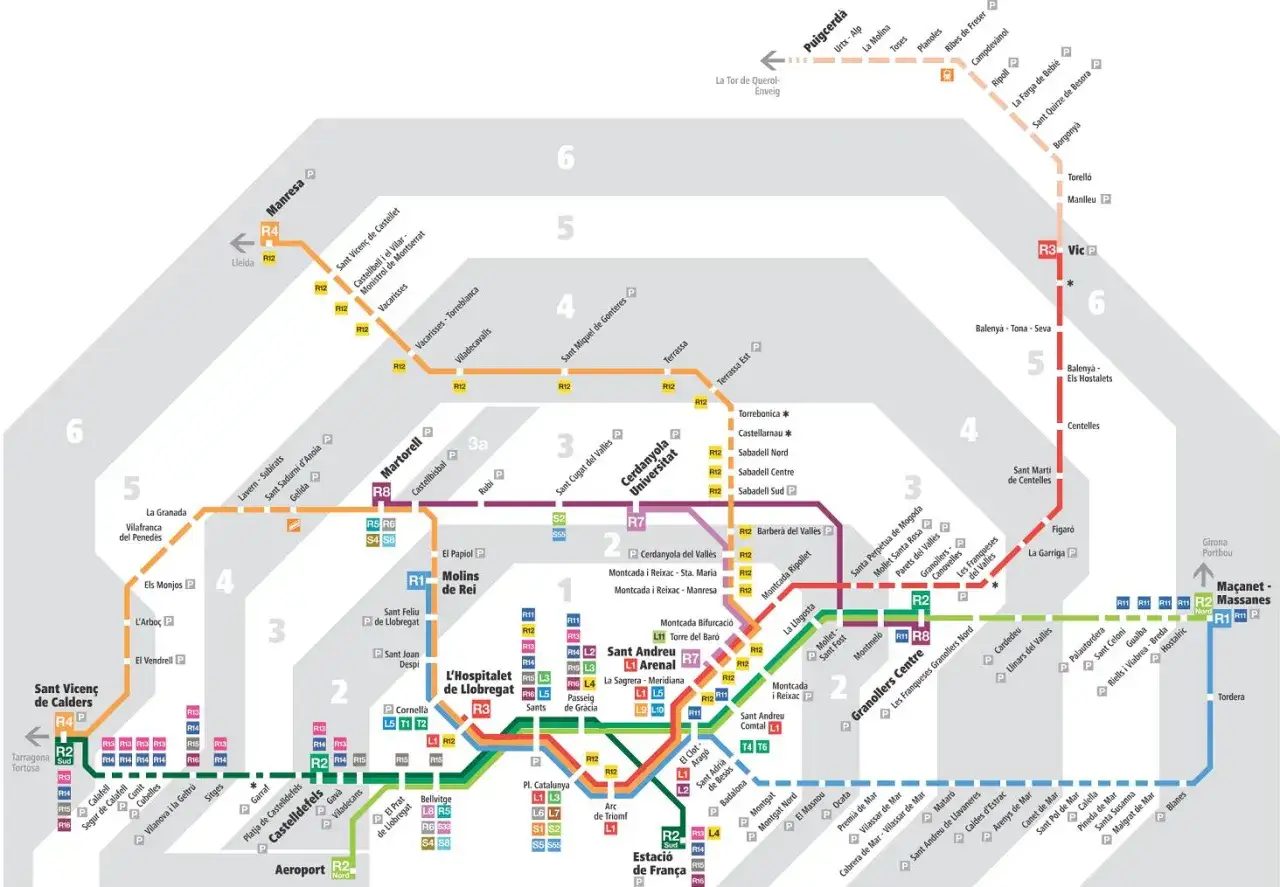 Mapa sieci komunikacji miejskiej w Barcelonie, pokazujący linie metra, pociągów podmiejskich i regionalnych.