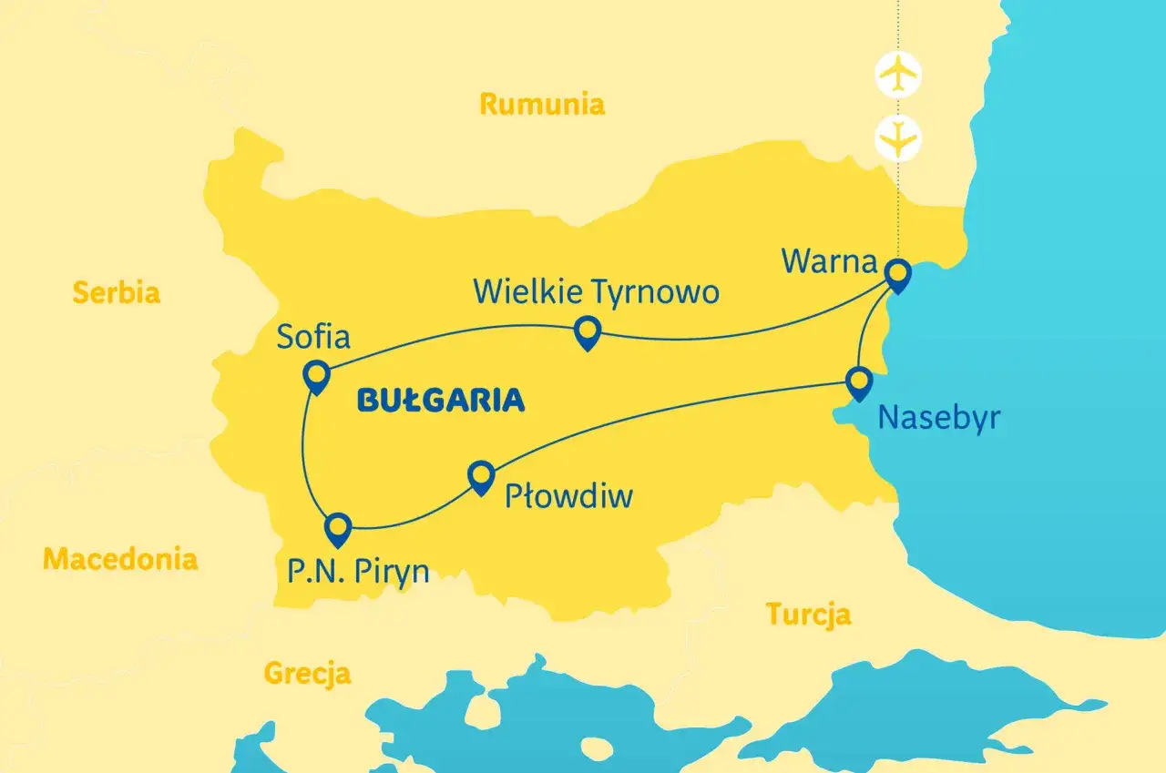 Mapa pokazuje, gdzie jest Bułgaria, z zaznaczonymi miastami: Sofia, Wielkie Tyrnowo, Płowdiw, P.N. Piryn, Warna i Neseber. Widać też sąsiednie kraje: Rumunia, Serbia, Macedonia, Grecja i Turcja.