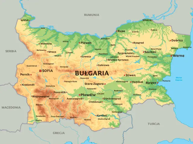 Mapa fizyczna Bułgarii z zaznaczonymi miastami i granicami. Gdzie jest Bułgaria? Między Serbią, Macedonią, Grecją, Turcją i Rumunią, nad Morzem Czarnym.